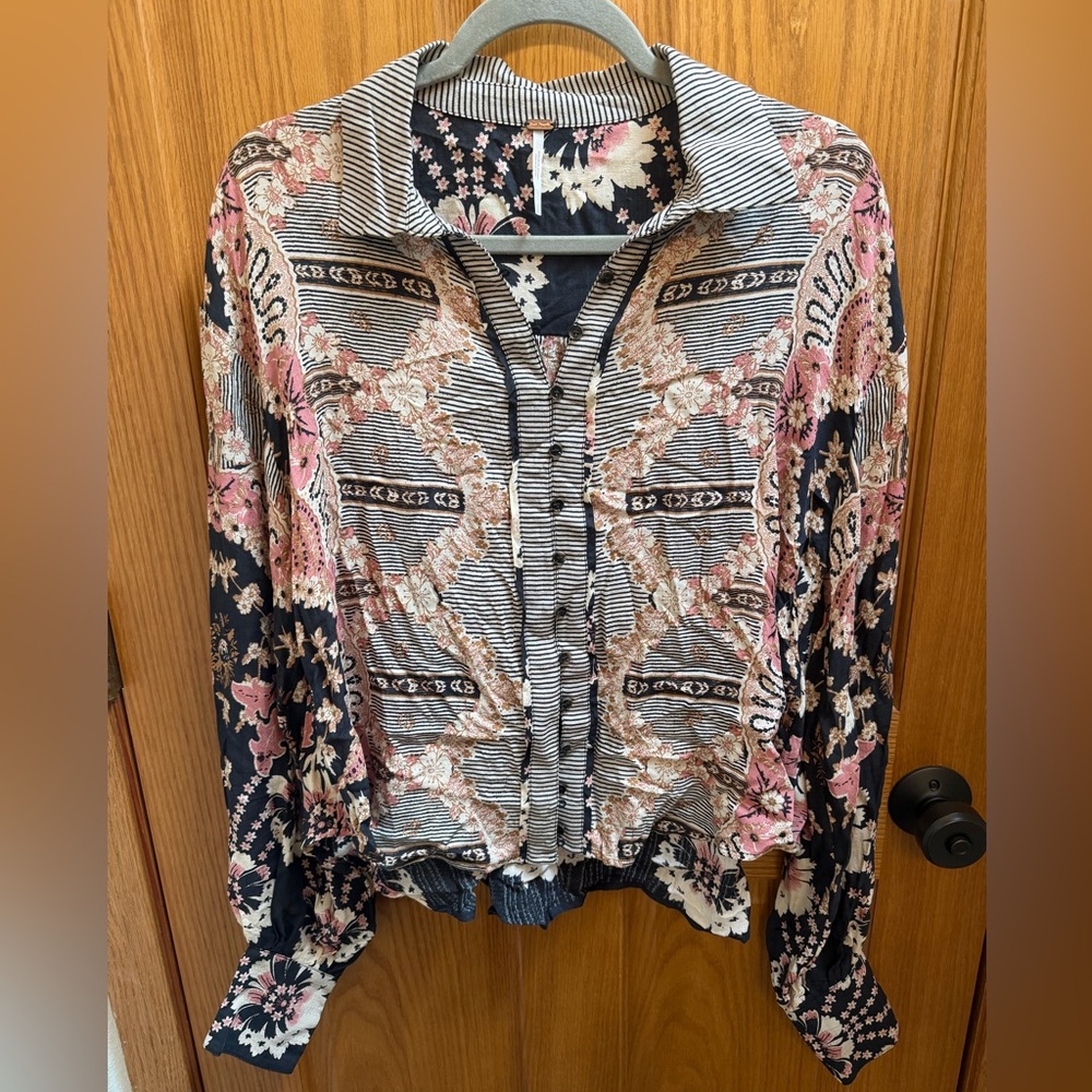Free People Floral Patchwork Button-Up Blouse in Black, Pink, Cream